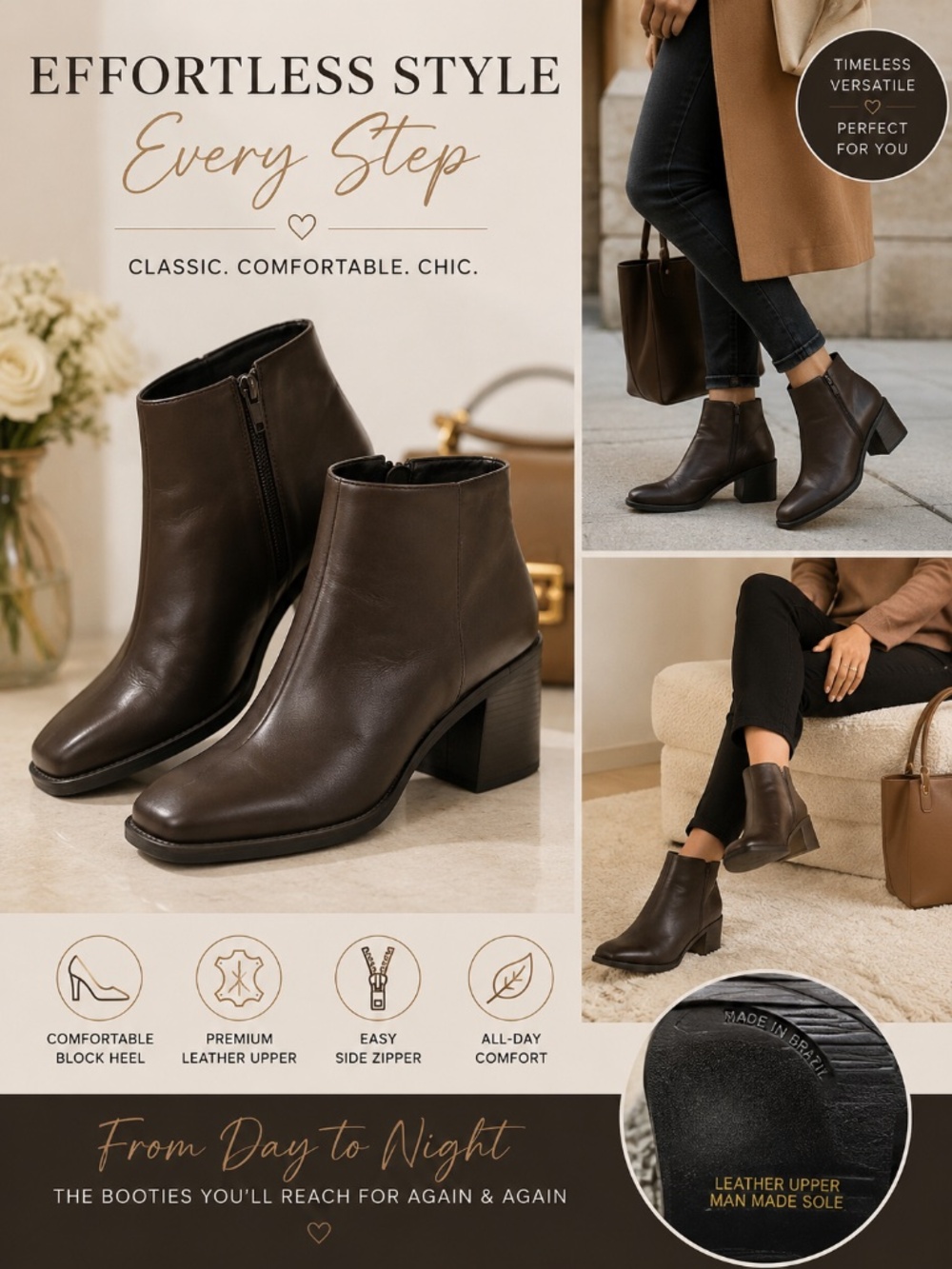 Hilard & Hanson Brown Leather Ankle Booties Block Heel Made in Brazil /9M